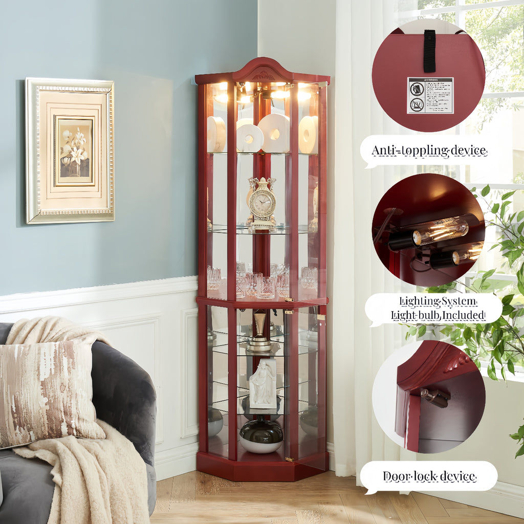 Glass Cabinet Lighted Corner Cabinet Corner Display Curio Cabinet, Glass Display With Light(Included)Bar Cabinet,Wine Cabinet with Adjustable Glass Shelves Carved Decoration Cherry Light(Included) - Grand Goldman Shop