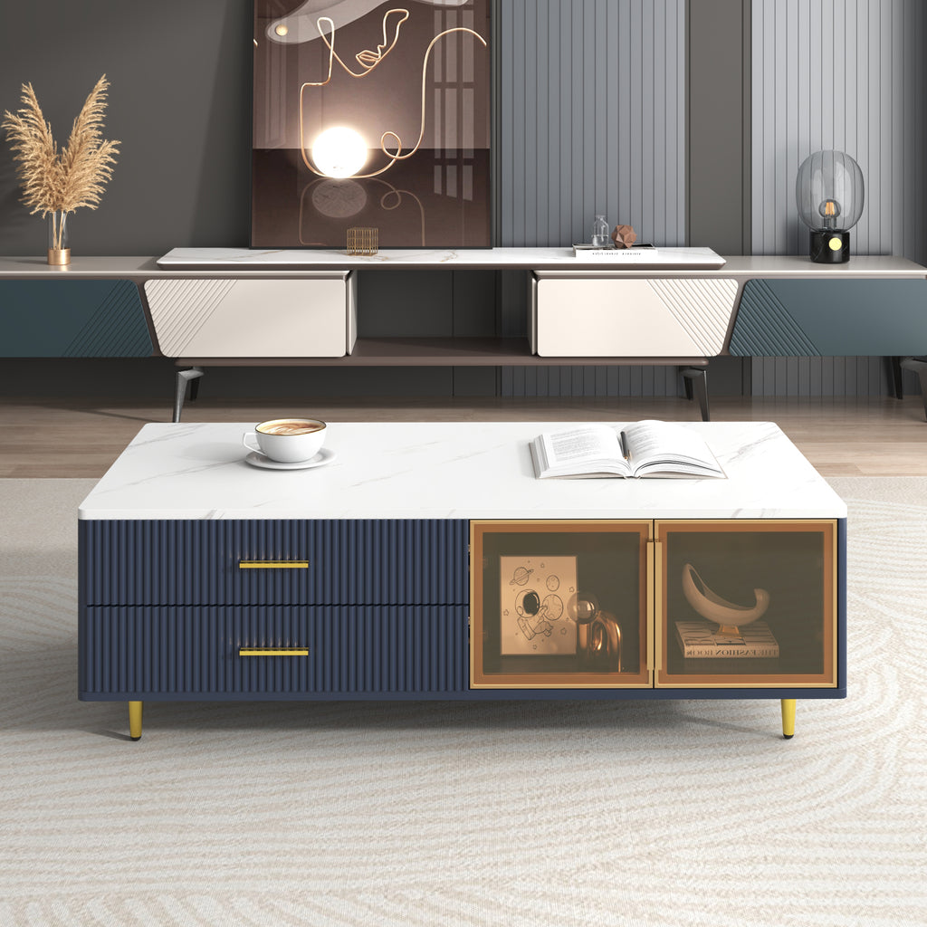 Modern Navy Blue Coffee Table with 2 Glass Door Storage, 4 Drawers, Gold Metal Legs, and Multi-Color Lighting in 47.2'' - Grand Goldman Shop