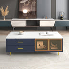 Modern Navy Blue Coffee Table with 2 Glass Door Storage, 4 Drawers, Gold Metal Legs, and Multi-Color Lighting in 47.2'' - Grand Goldman Shop
