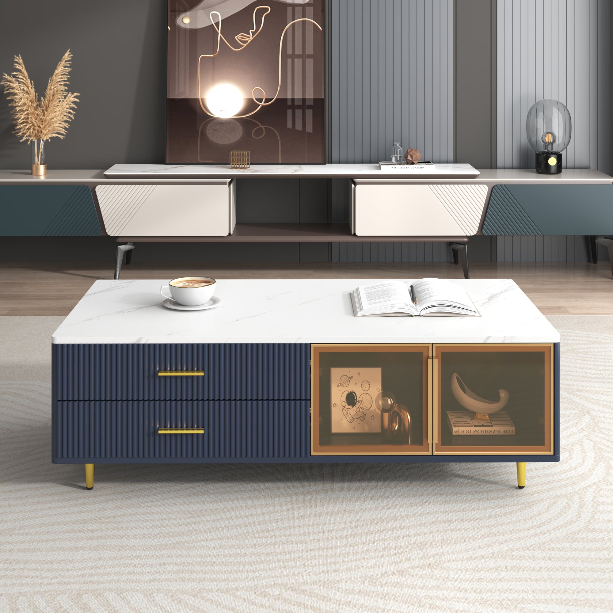 Modern Navy Blue Coffee Table with 2 Glass Door Storage, 4 Drawers, Gold Metal Legs, and Multi-Color Lighting in 47.2'' - Grand Goldman Shop