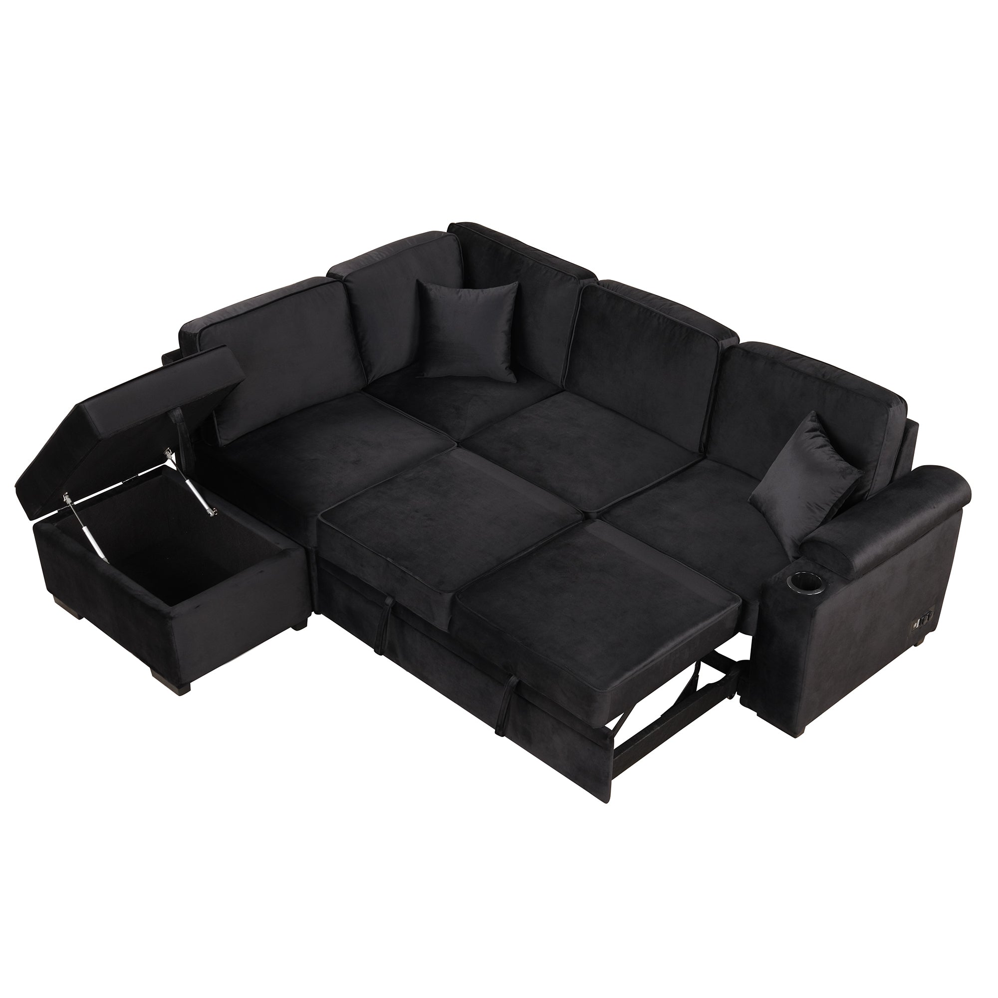 Modern Velvet Sleeper Sofa Bed with Storage Ottoman, Black, 84.75' L Shape - Grand Goldman Shop