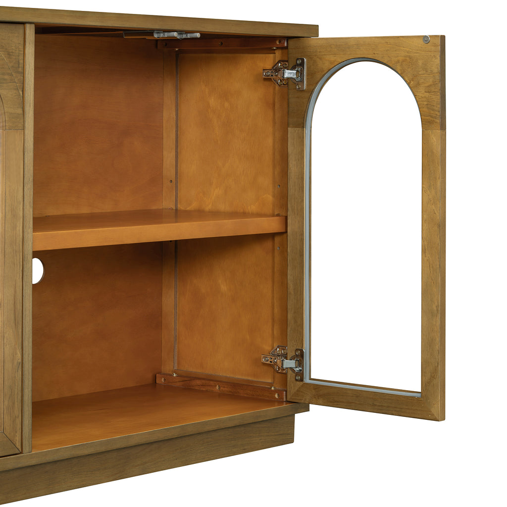 TREXM 4-Door Large Storage Buffet Cabinet with Glass Doors, Arched Cabinet with Adjustable Shelves for Kitchen, Dining Room and Living Room (Old Pine) - Grand Goldman Shop
