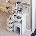 29.2' Small Space Left Bedside Cabinet Vanity Table + Cushioned Stool, Extra Large Right sliding mirror, Multi Layer High Capacity Storage, Practical Fashionable Dresser, EPA, GCC, UL Certificate - Grand Goldman Shop