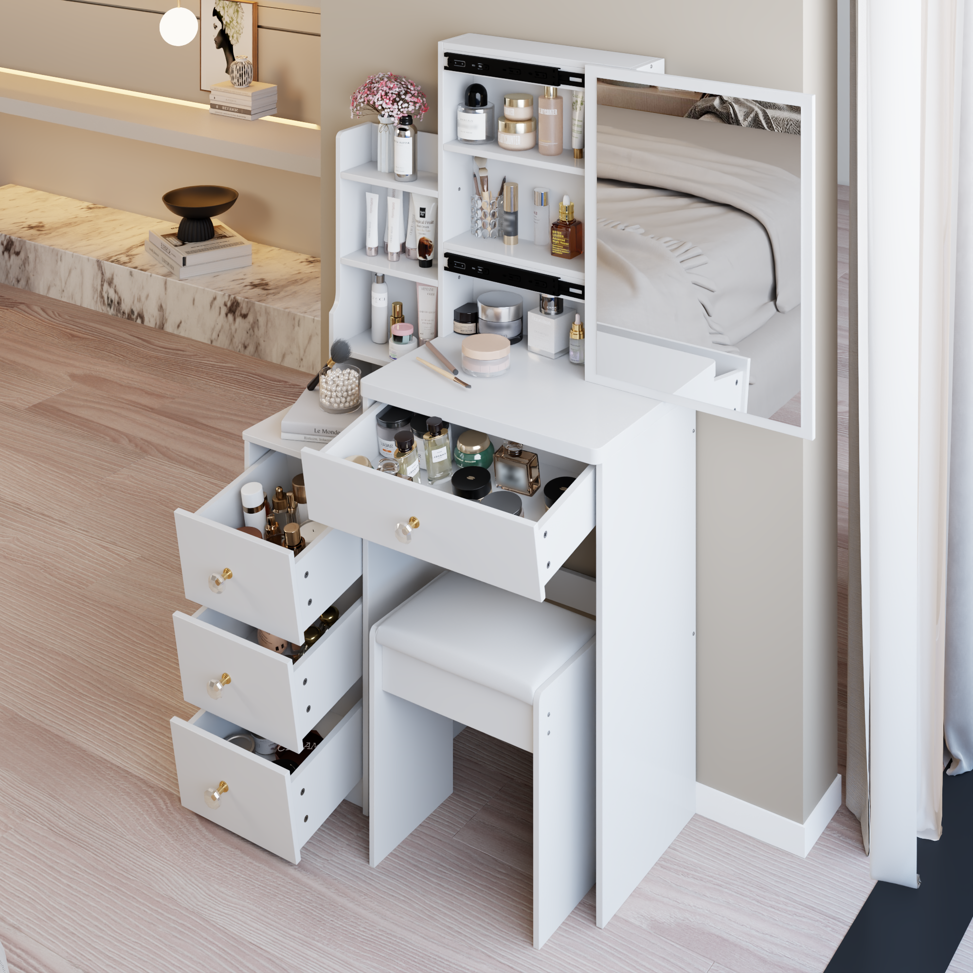 29.2' Small Space Left Bedside Cabinet Vanity Table + Cushioned Stool, Extra Large Right sliding mirror, Multi Layer High Capacity Storage, Practical Fashionable Dresser, EPA, GCC, UL Certificate - Grand Goldman Shop