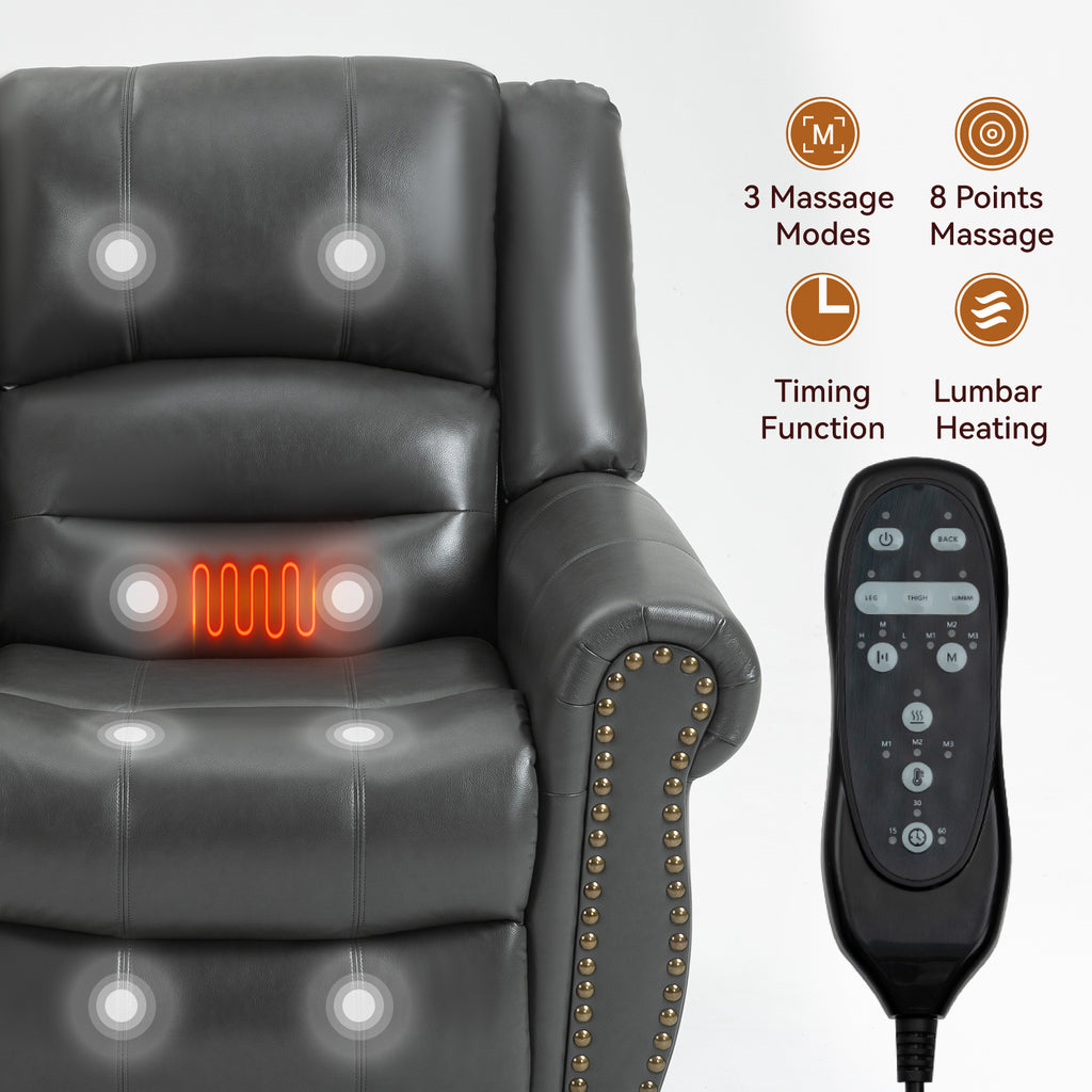 Power Lift Recliner Chair Heat Massage Dual Motor Infinite Position Up to 350 LBS, Faux Leather, Heavy Duty Motion Mechanism with USB Ports, Grey - Grand Goldman Shop