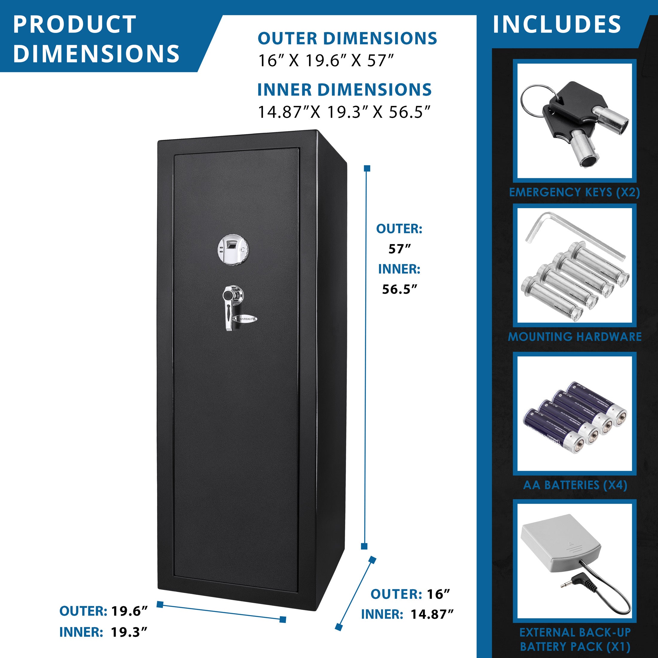 Tall Biometric Rifle Safe with 9.33 Cubic Ft Storage Capacity in Black Steel - Grand Goldman
