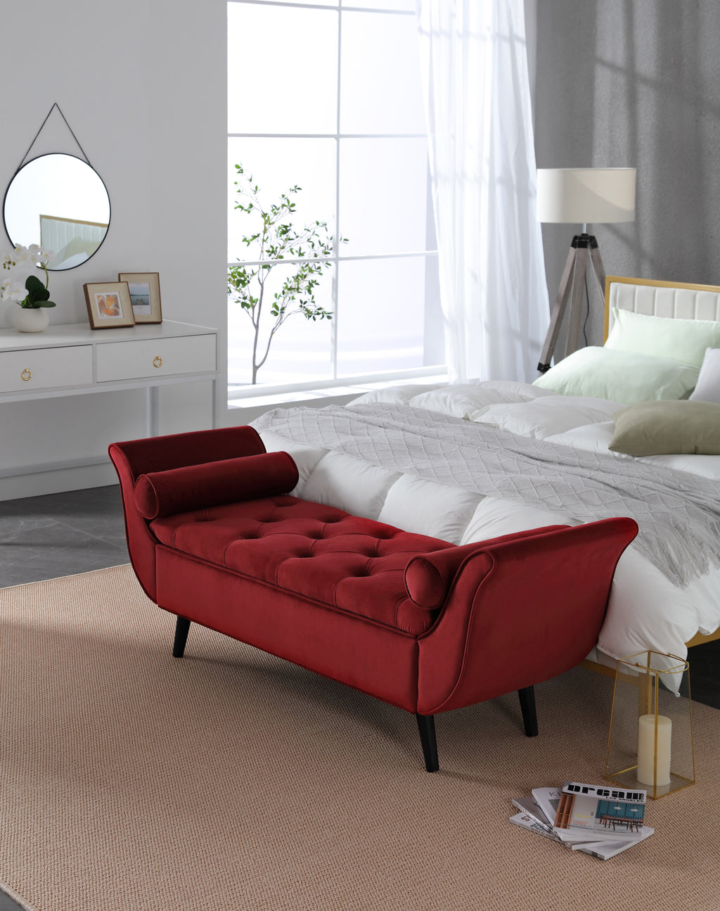 Vintage Tufted 65-inch Long Bench, Velvet Upholstered Storage Ottoman with Classic Retro Design, Mid-Century Modern Footstool for Living Room, Bedroom Entryway   wenred - Grand Goldman Shop