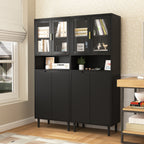 Tempered Glass Door Tall Storage Bookcase with adjustable board, 4 doors MDF painting finished cabinet, Black, Living room Bedroom storage - Grand Goldman Shop