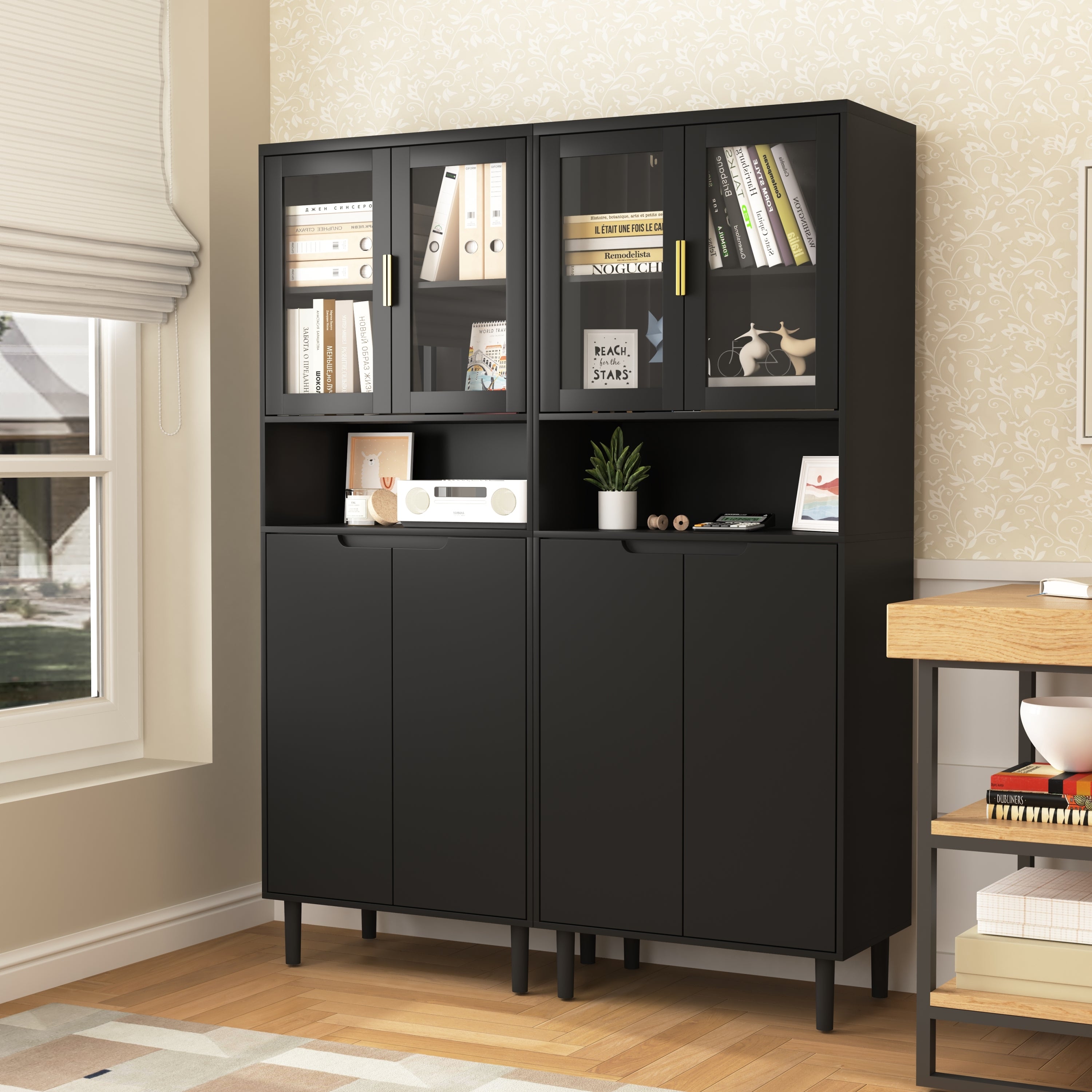Tempered Glass Door Tall Storage Bookcase with adjustable board, 4 doors MDF painting finished cabinet, Black, Living room Bedroom storage - Grand Goldman Shop