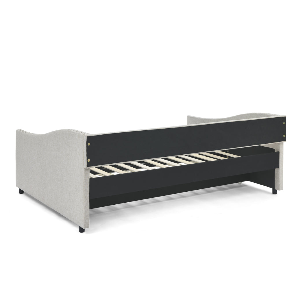 Beige Upholstered Tufted Daybed with Twin Trundle, Button-Back and Copper Nail-Waved Arms, Eucalyptus Wood Frame, 80.5''x55.5''x27.5'' - Grand Goldman Shop