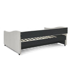 Beige Upholstered Tufted Daybed with Twin Trundle, Button-Back and Copper Nail-Waved Arms, Eucalyptus Wood Frame, 80.5''x55.5''x27.5'' - Grand Goldman Shop