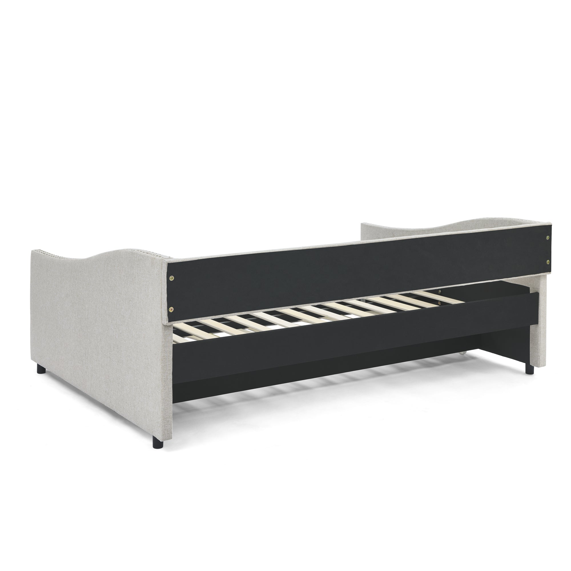 Beige Upholstered Tufted Daybed with Twin Trundle, Button-Back and Copper Nail-Waved Arms, Eucalyptus Wood Frame, 80.5''x55.5''x27.5'' - Grand Goldman Shop