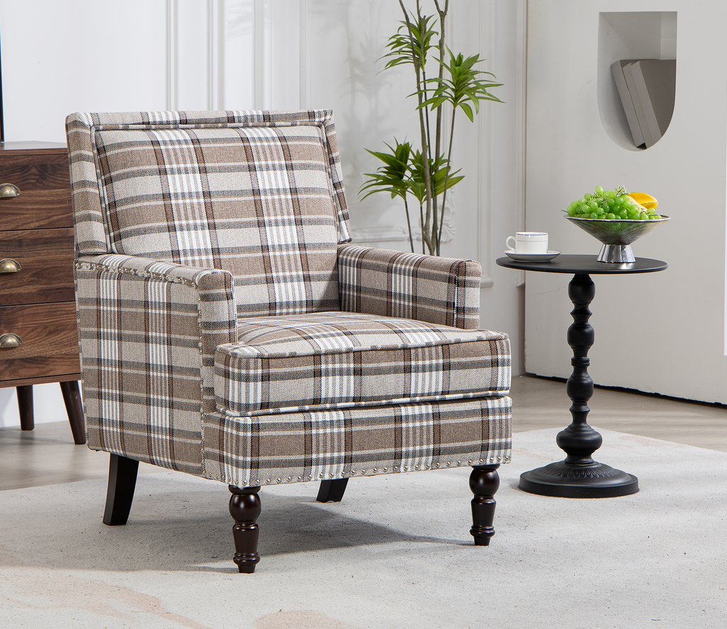 Upholstered Accent Chair, Vintage Armchair with Brown Linen Fabric and Nailhead Trim for Living Room - Grand Goldman Shop