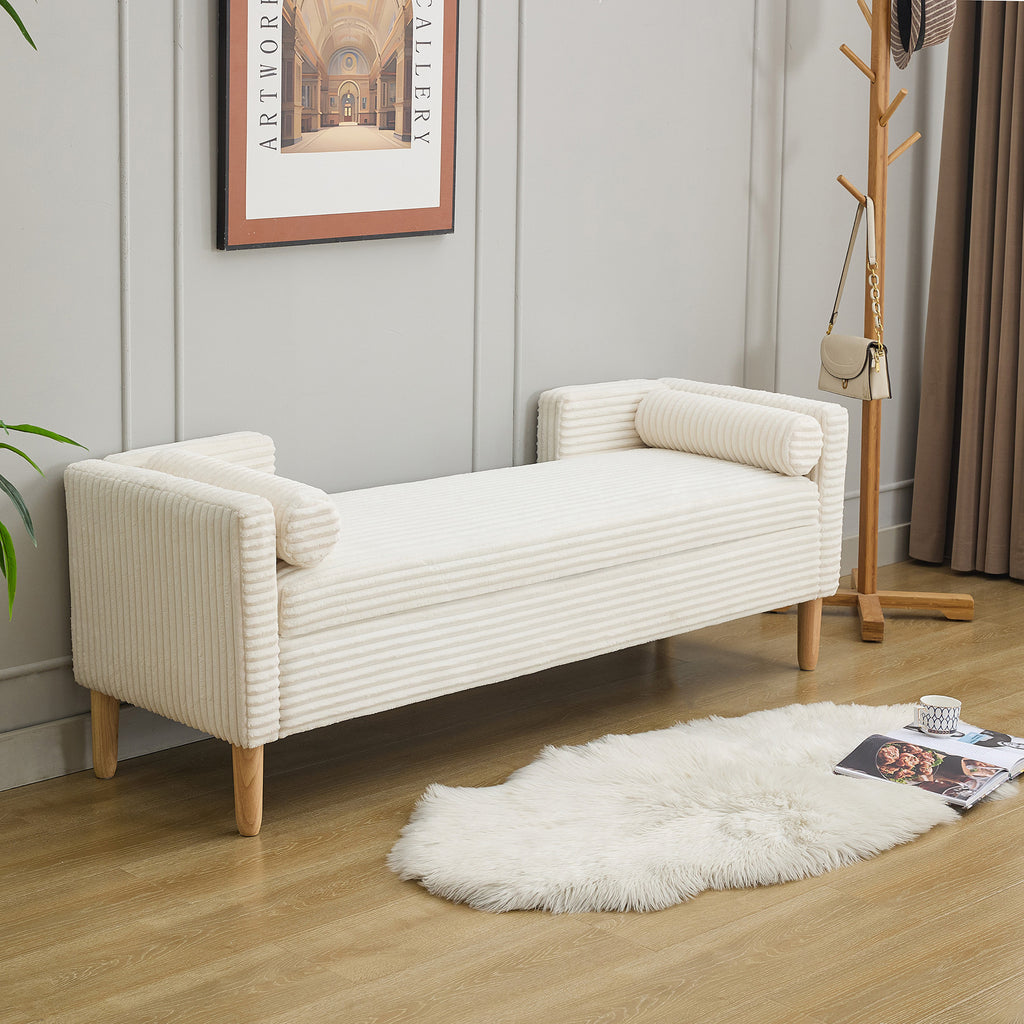 65.35'Wide Upholstered Flip-top Storage Accent Bed Bench, Corduroy Footrest Ottoman with Armrests&Backrest&2 Bolster Pillows Wood Legs for Living Room, End of Bed, Hallway, Entryway Bedroom. Ivory - Grand Goldman Shop