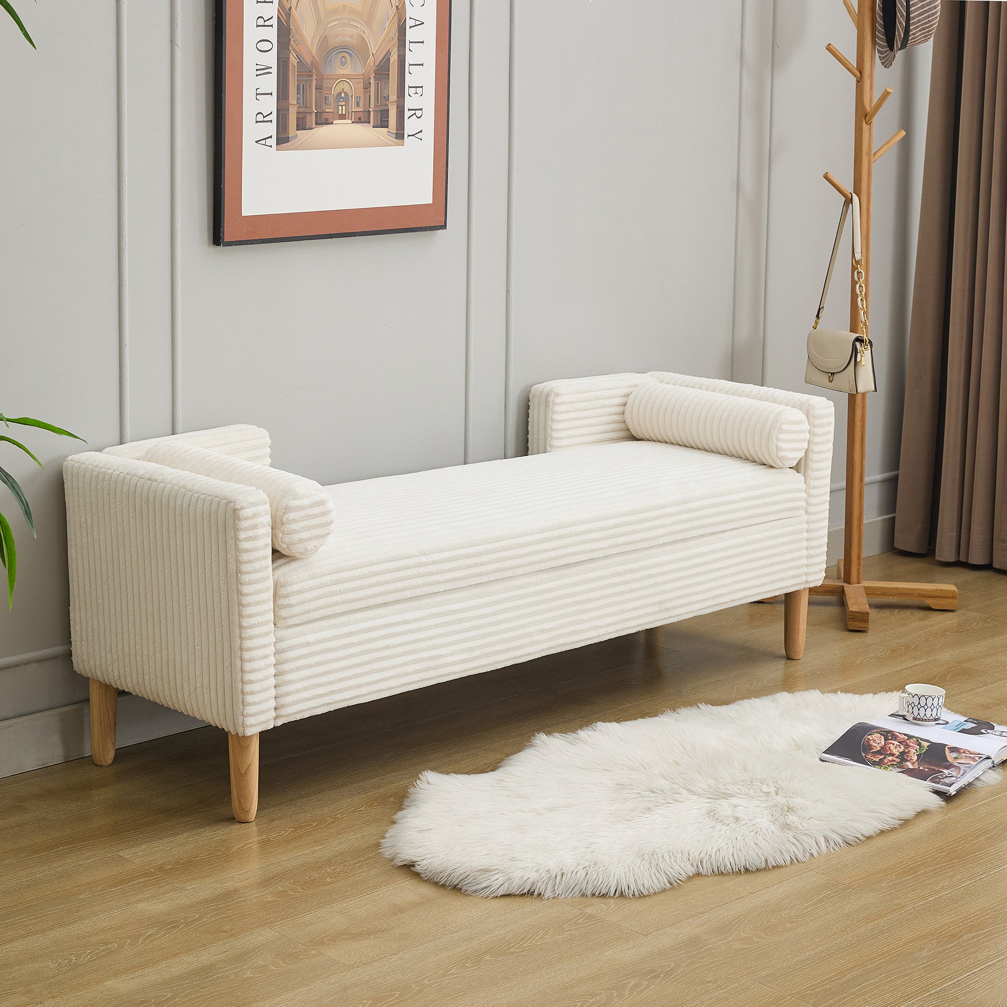 65.35'Wide Upholstered Flip-top Storage Accent Bed Bench, Corduroy Footrest Ottoman with Armrests&Backrest&2 Bolster Pillows Wood Legs for Living Room, End of Bed, Hallway, Entryway Bedroom. Ivory - Grand Goldman Shop