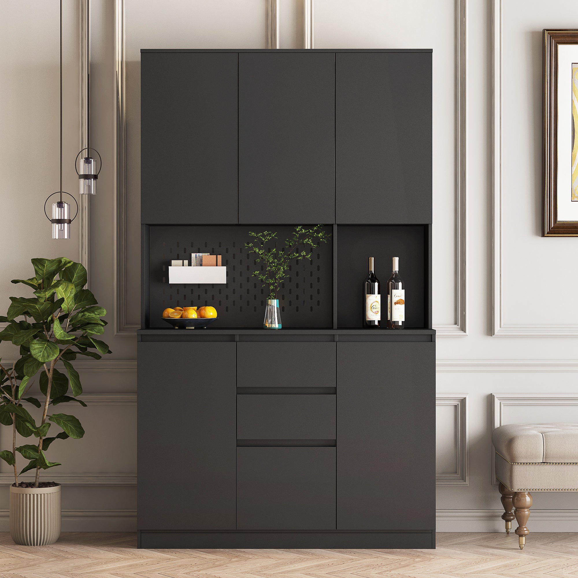 74' Freestanding Kitchen Pantry Cabinet Cupboard with 6 Doors,3 Shelves and 2 Drawer,Versatile Wardrobe & Kitchen Cabinet,Craft Storage Cabinet,Laundry Room Storage for  Kitchen (Black) - Grand Goldman Shop