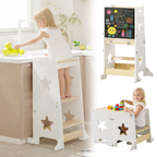 3-in-1 Toddler Kitchen Step Stool, Foldable Learning Standing Tower with Blackboard, Wooden Kitchen Stool Helper for Kids, 1-