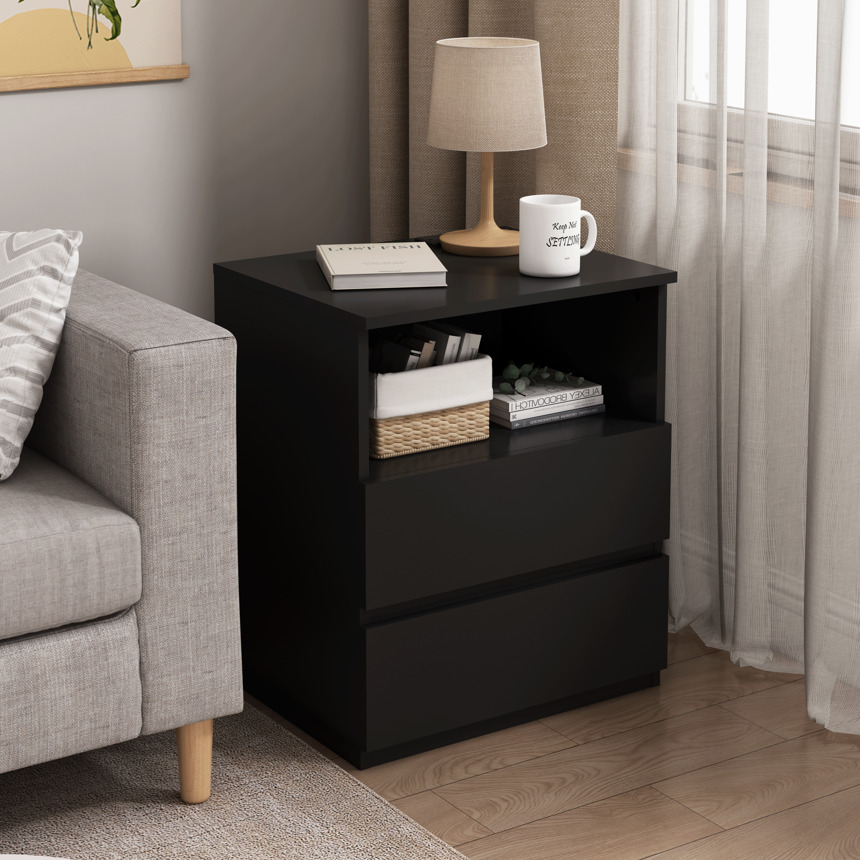 (Set of 2)End Table with Fast USB C Charging Station, Sofa Side Table with 2 Drawers, Large Storage Modern Wood Storage Cabinet for Living Room,Bedroom,Office, Black - Grand Goldman Shop