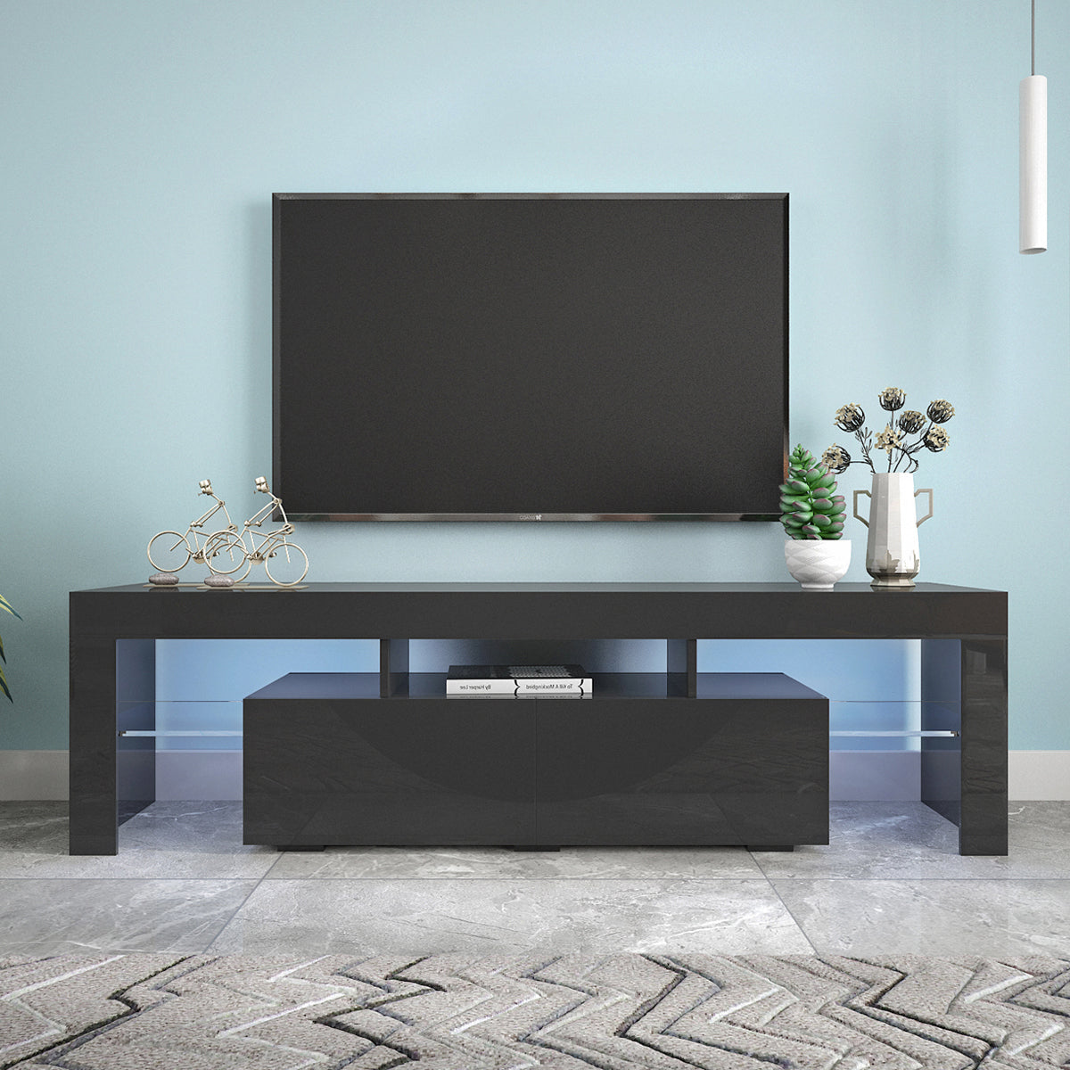 Modern Black TV Stand, 20 Colors LED TV Stand w/Remote Control Lights - Grand Goldman Shop
