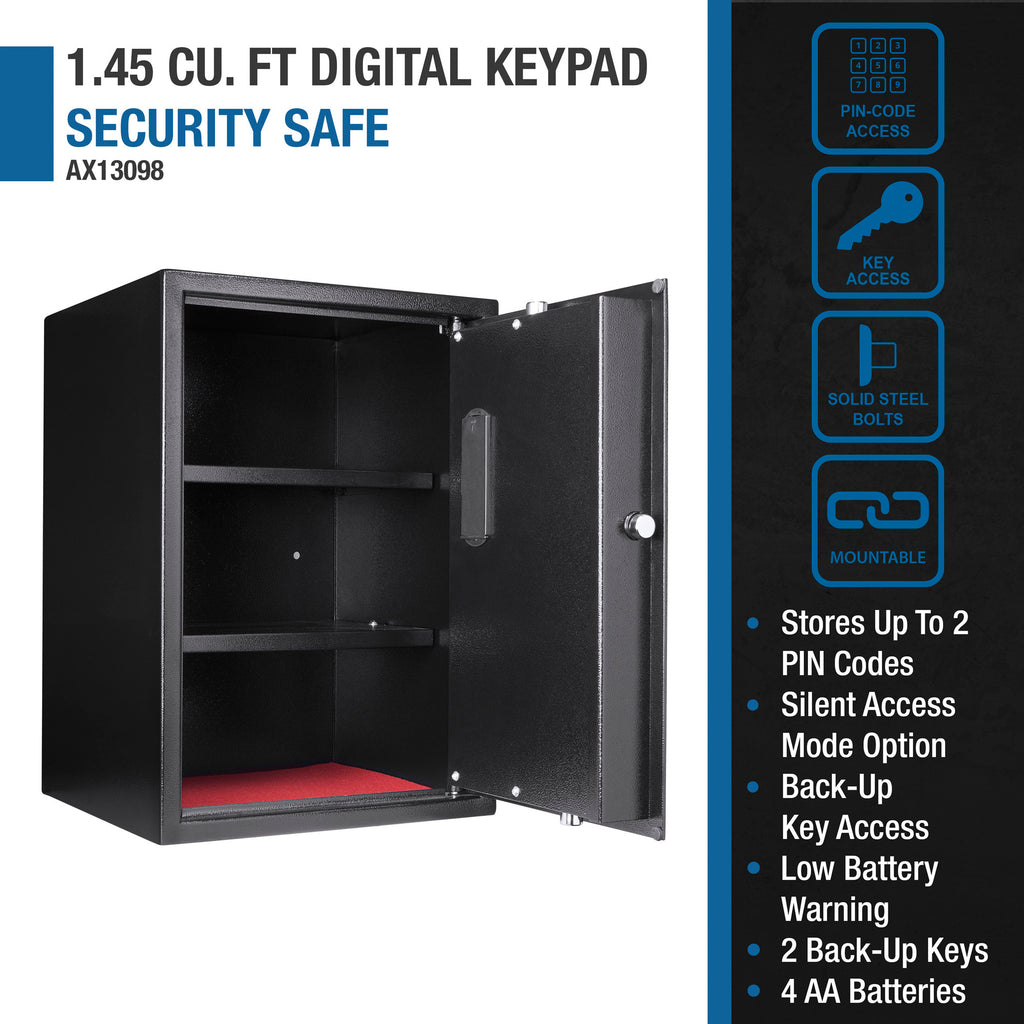 Large Digital Keypad Safe with 1.45 Cubic Ft Capacity in Black Steel and Removable Shelves - Grand Goldman