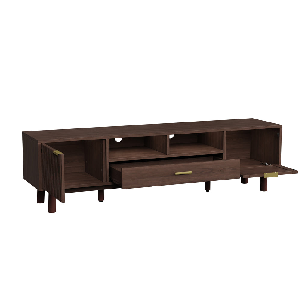 Wood Fashionable TV Stand for 75' TVs with Soft-Closing Doors, Dark Brown Modern Console with Rattan Accents and Drop-Down Cabinet, Solid Wood and MDF Construction - Grand Goldman Shop
