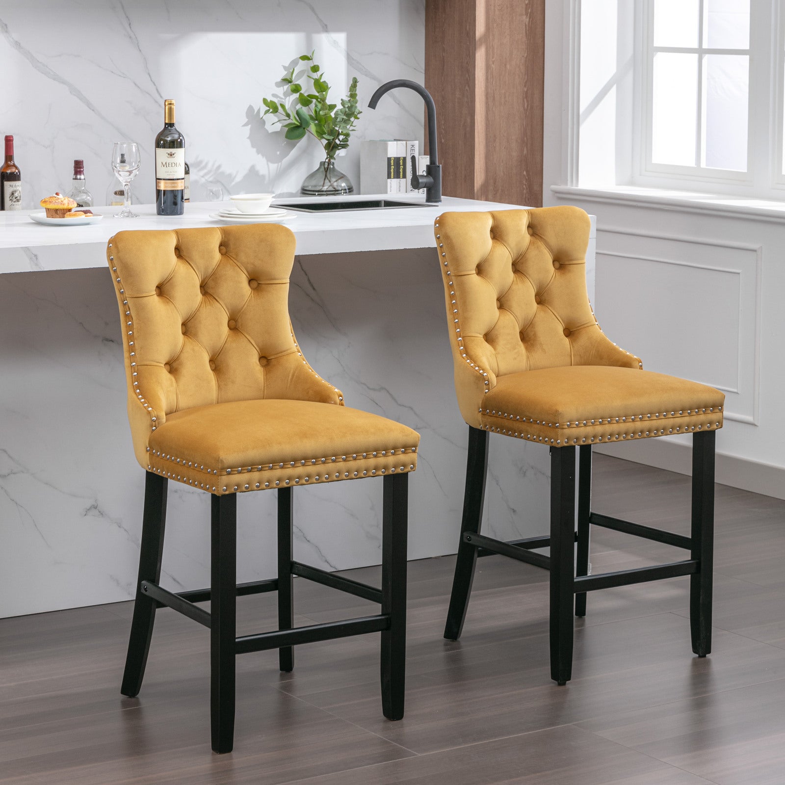 Contemporary Velvet Upholstered Barstools with Button Tufted Decoration and Wooden Legs, and Chrome Nailhead Trim, Leisure Style Bar Chairs,Bar stools, Set of 2 (Golden),SW2002GL - Grand Goldman Shop