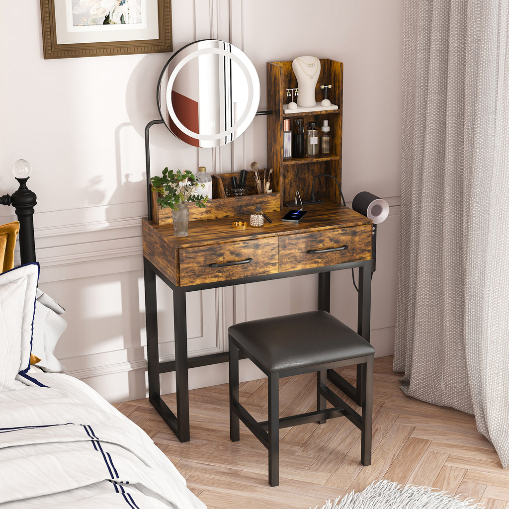 Makeup Vanity Table with LED Lights, 3 Color Options, Power Outlet, Brown MDF, 31.5 x 15.75 x 52.36 inches - Grand Goldman Shop