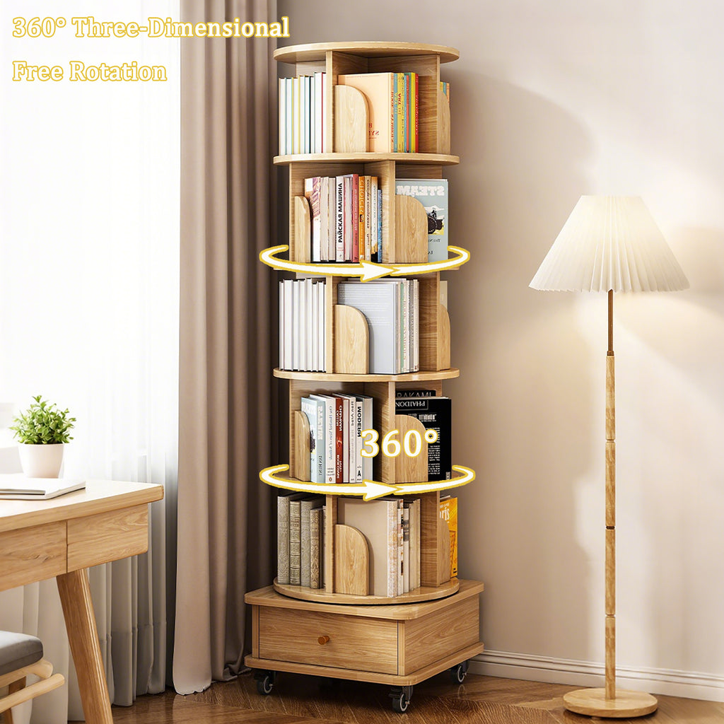 6 Tier Rotating Bookshelf, 360° Display Round Spinning Bookshelf with Wheels and Drawer, Space-Saving, Small Space Rotating Bookshelf Tower for Bedroom, Living Room, Home, Office, Wood Color - Grand Goldman Shop