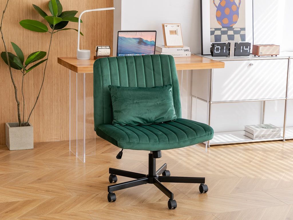 Green Velvet Criss Cross Armless Office Chair with Wheels - Comfortable & Stylish for Home Office, Meditation, and Makeup Use