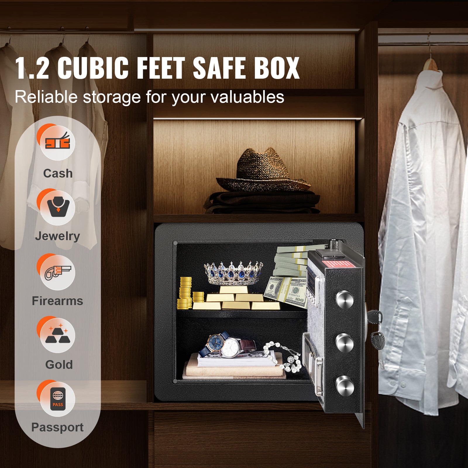 Safe 1.2 Cubic Feet Home Safe Steel for Cash Gold 15.8x11.8x13.8 inch | Premium Home Decor - Grand Goldman