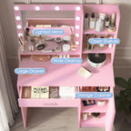 Vanity Desk with Mirror & Light, Large Drawer Three Level Storage Dresser, 3 Lighting Modes Adjustable Brightness, Bedroom Dressing Table(Pink) - Grand Goldman Shop