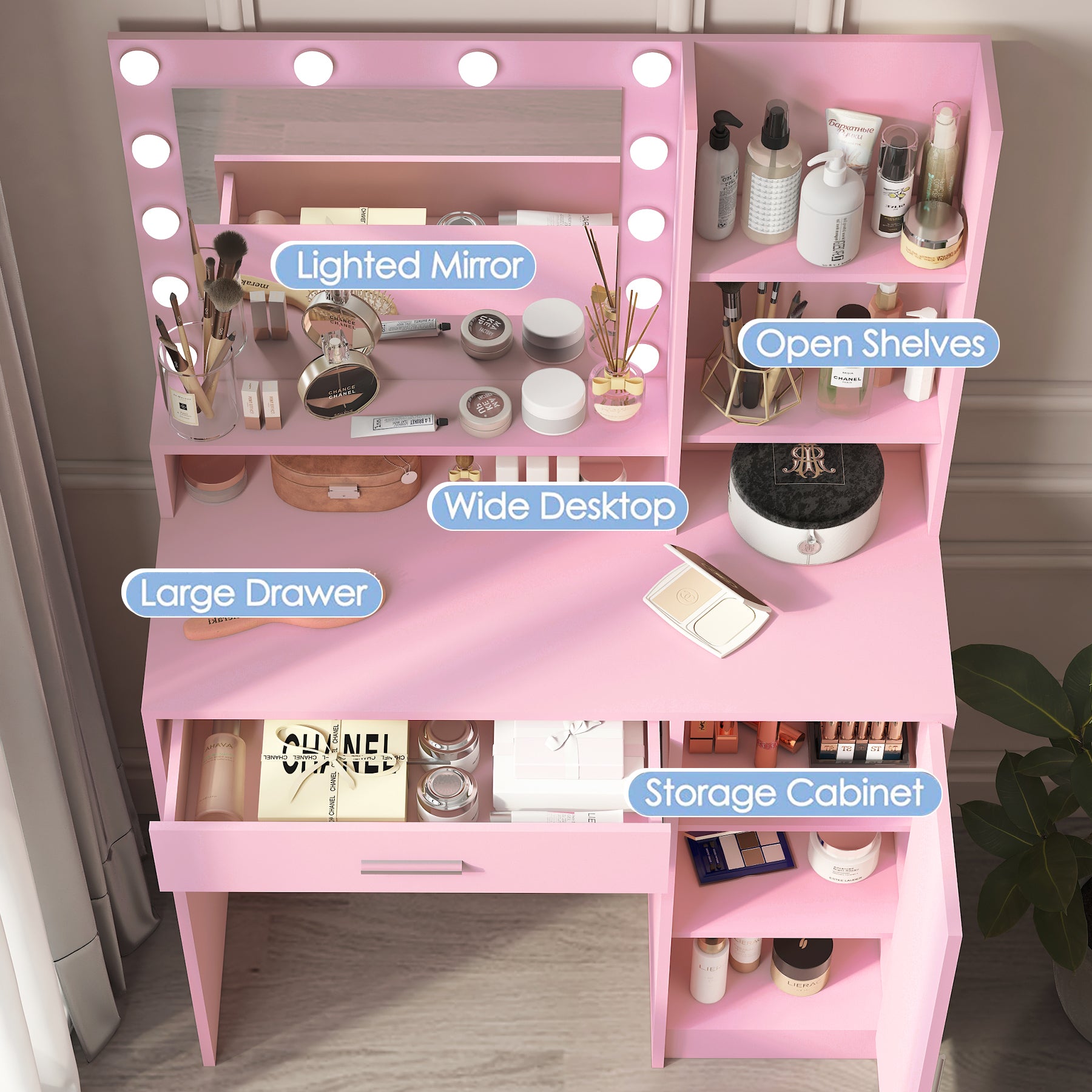 Vanity Desk with Mirror & Light, Large Drawer Three Level Storage Dresser, 3 Lighting Modes Adjustable Brightness, Bedroom Dressing Table(Pink) - Grand Goldman Shop