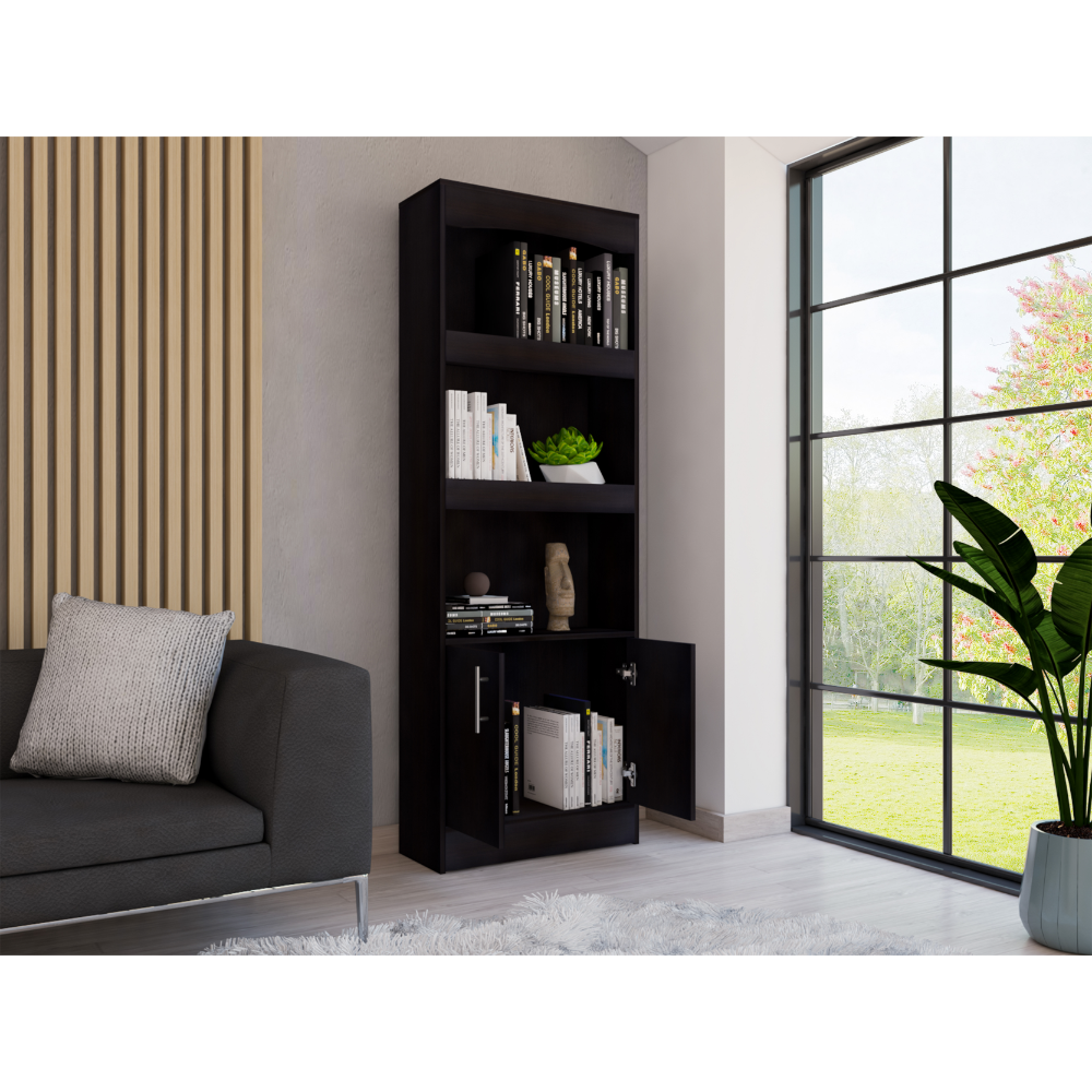 Bookcase, Three Shelves, Double Door Cabinet, Metal Hardware, Black - Grand Goldman