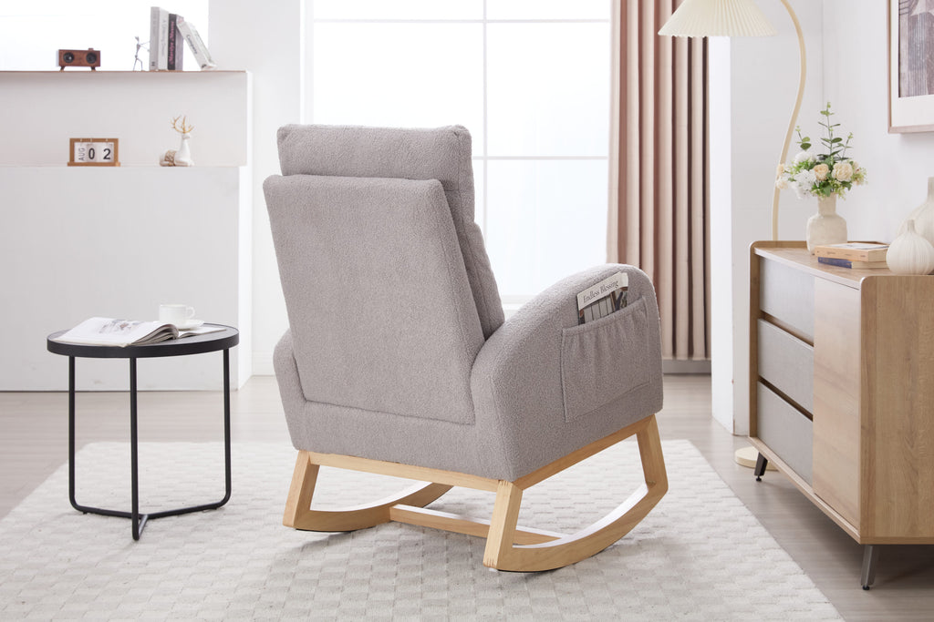 015B-Teddy Fabric Leisure Rocking Chair,Nursery Rocking Chair With Adjustable Footstool,Thickened Headrest And High Backrest, Storage Pocket On The Right Side,The Base Rocker Is Solid Wood,Light Gray - Grand Goldman Shop