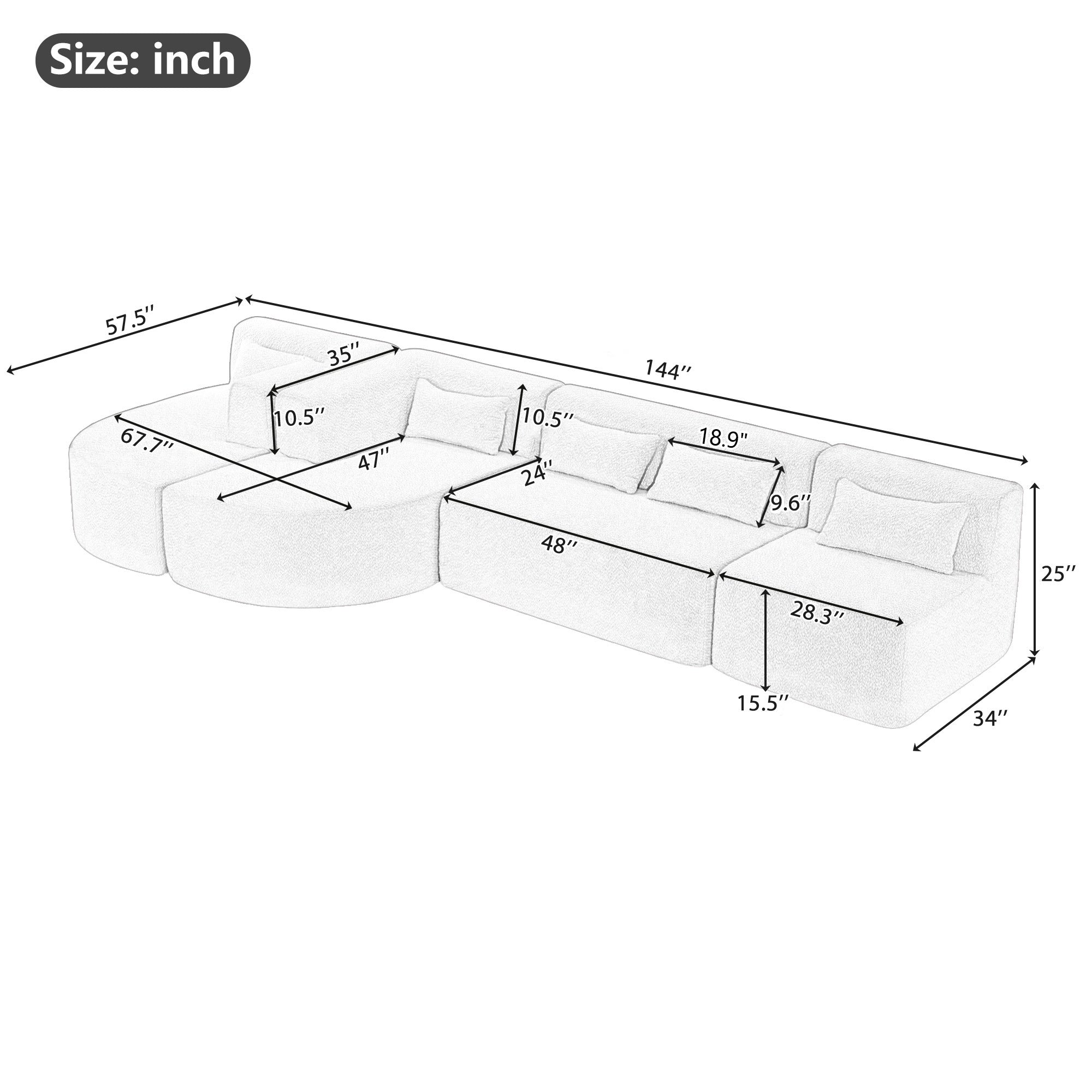Modern Upholstered L-Shape Sofa with Chaise Lounge and Back Pillows, Beige Boucle Fabric, 144 inches - Grand Goldman Shop