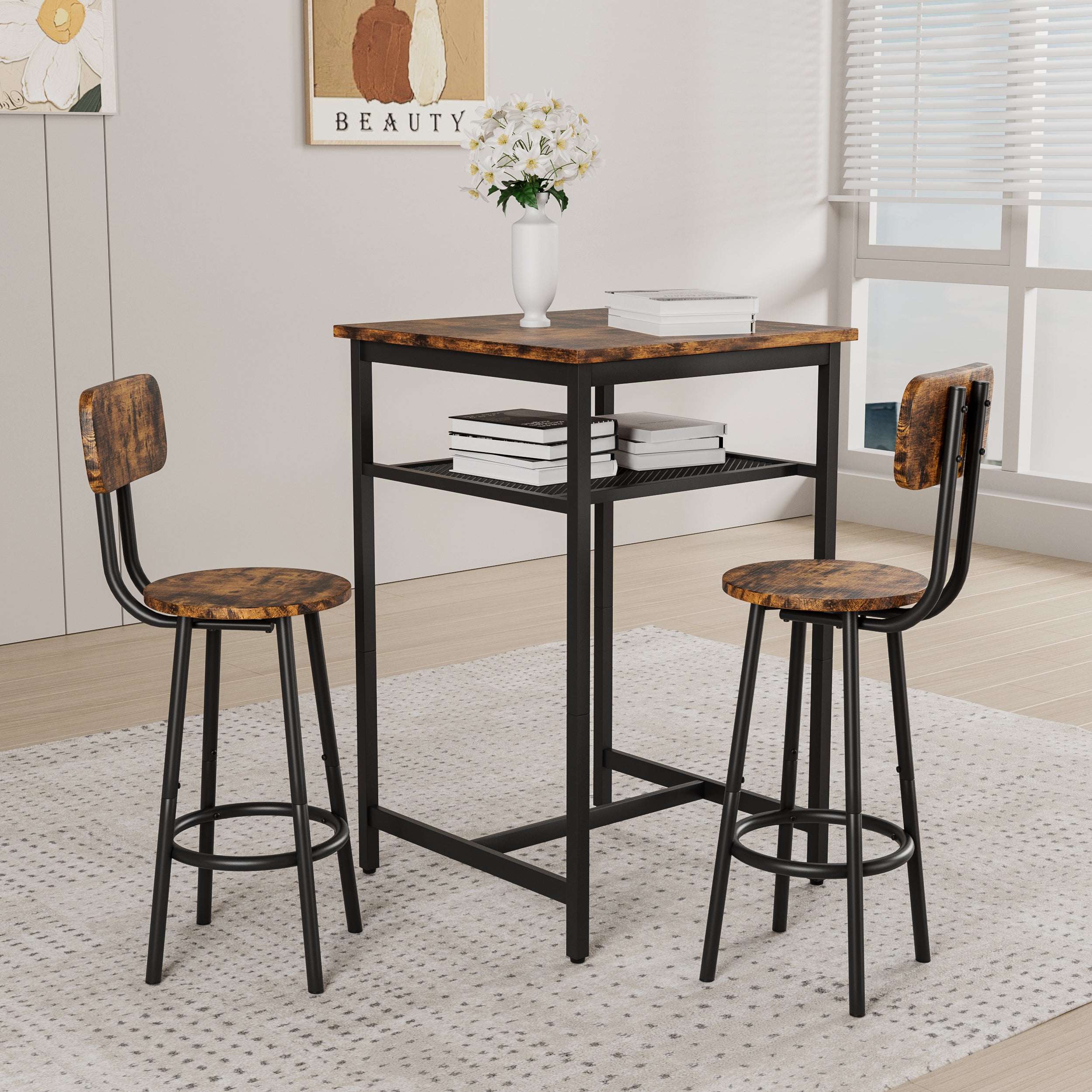 Bar table, equipped with 2 bar stools , with backrest and partition (Rustic Brown) - Grand Goldman Shop