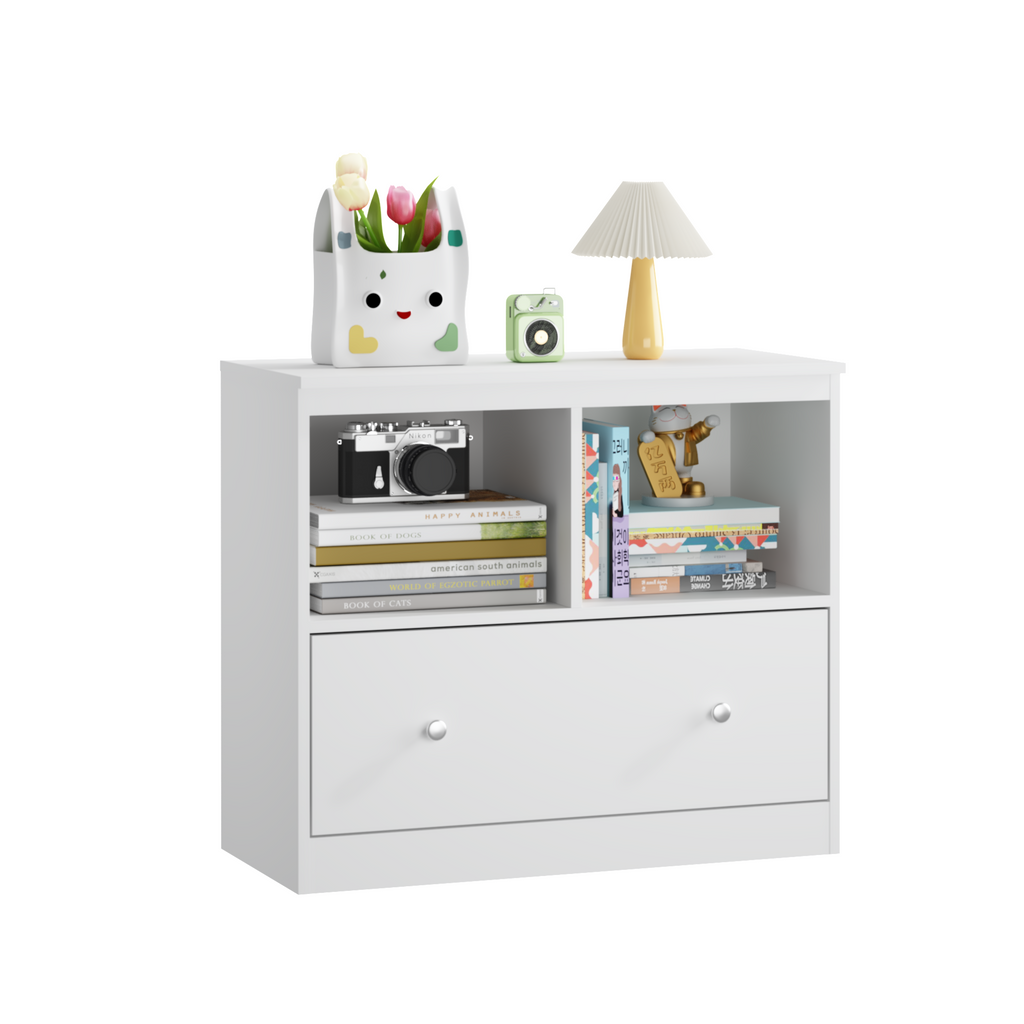 White Wooden Kids Toy Storage Organizer with Large Drawer and Low Bookshelf for Nursery & Playroom, Engineered Wood Cabinet f