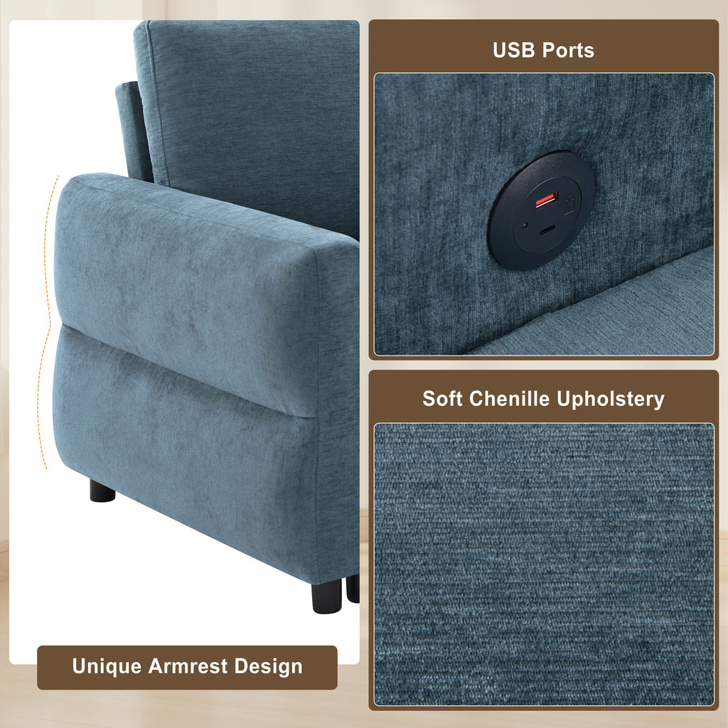 Convertible Sofa Bed 62.75' Loveseat with Adjustable Backrest and USB Ports in Blue Chenille Fabric - Grand Goldman Shop