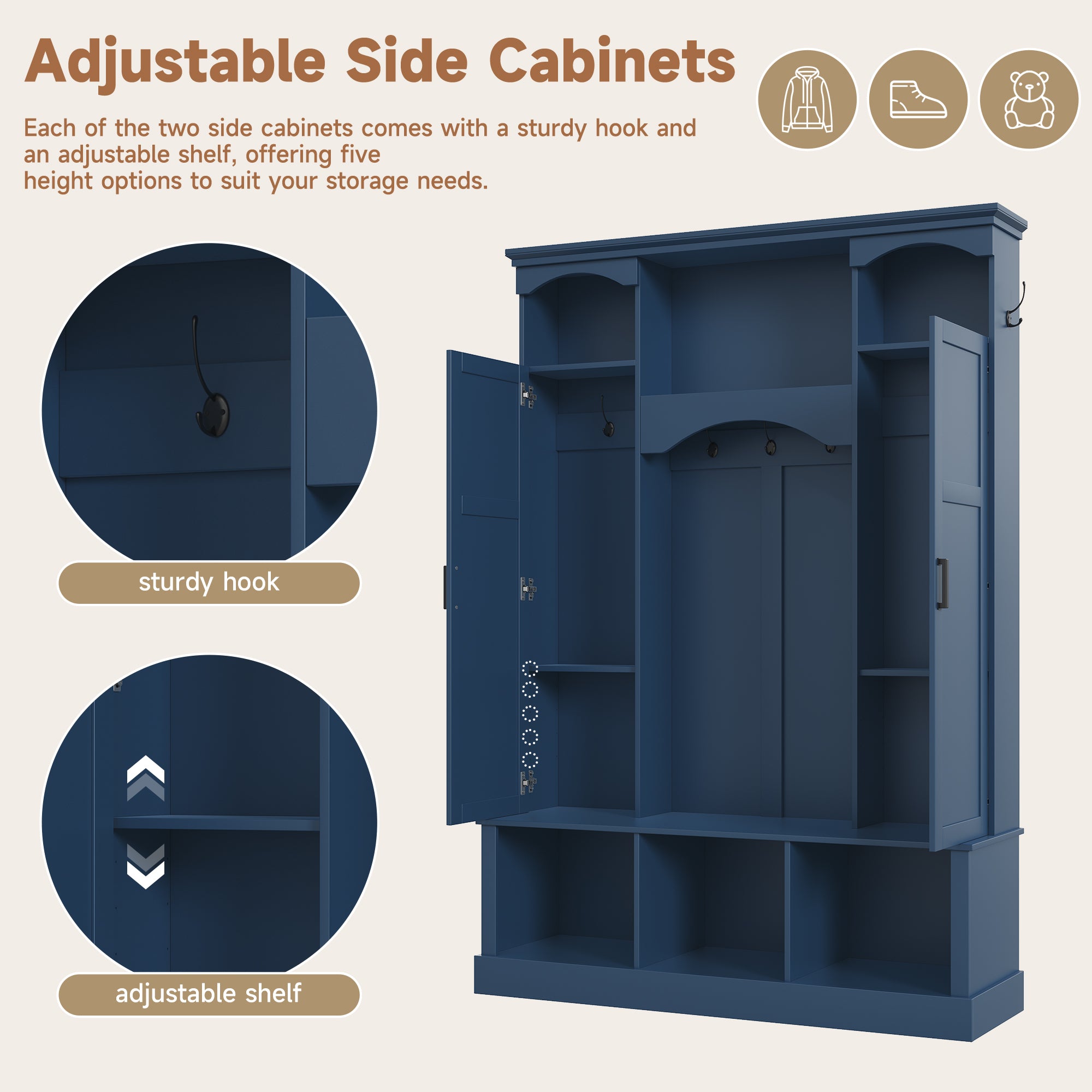 ON-TREND Modern All-in-One Hall Tree with Adjustable Shelves, Classic Arched Farmhouse Storage Bench with Dual Side Cabinets, Elegant Entryway Organizer with 7 Hooks for Mudroom, Hallway, Blue - Grand Goldman Shop