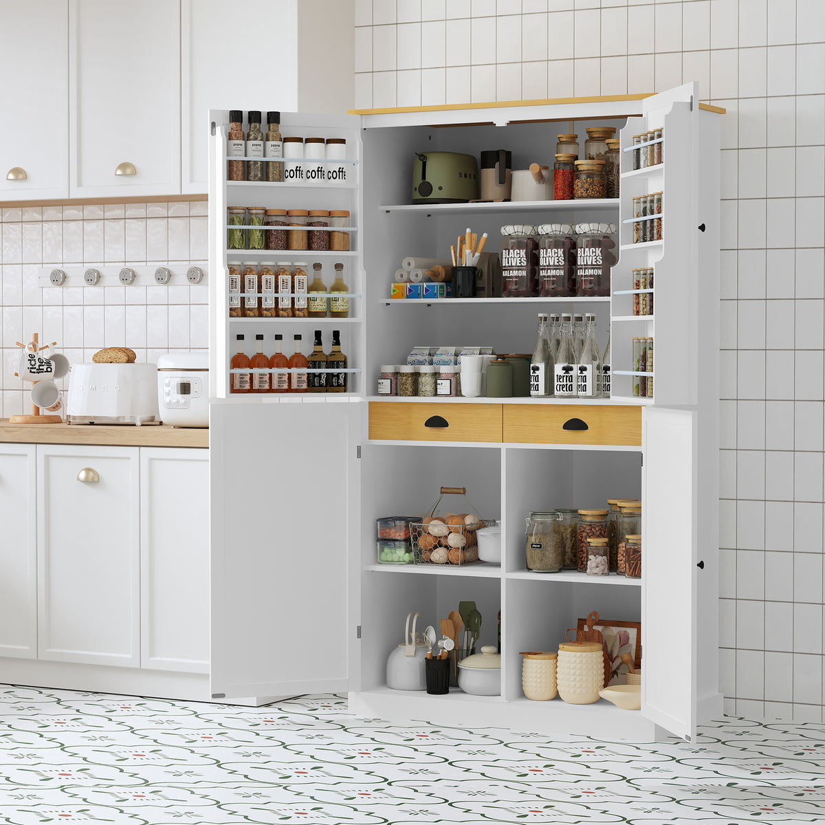 [Assembly Video Provided]TOPMAX 40.2x20x71.3inch High Freestanding Kitchen Pantry Large Cupboard Storage Cabinet with 2 Drawers, 2 Adjustable Shelves, 8 Door Shelves for Kitchen, Dining Room,White - Grand Goldman Shop