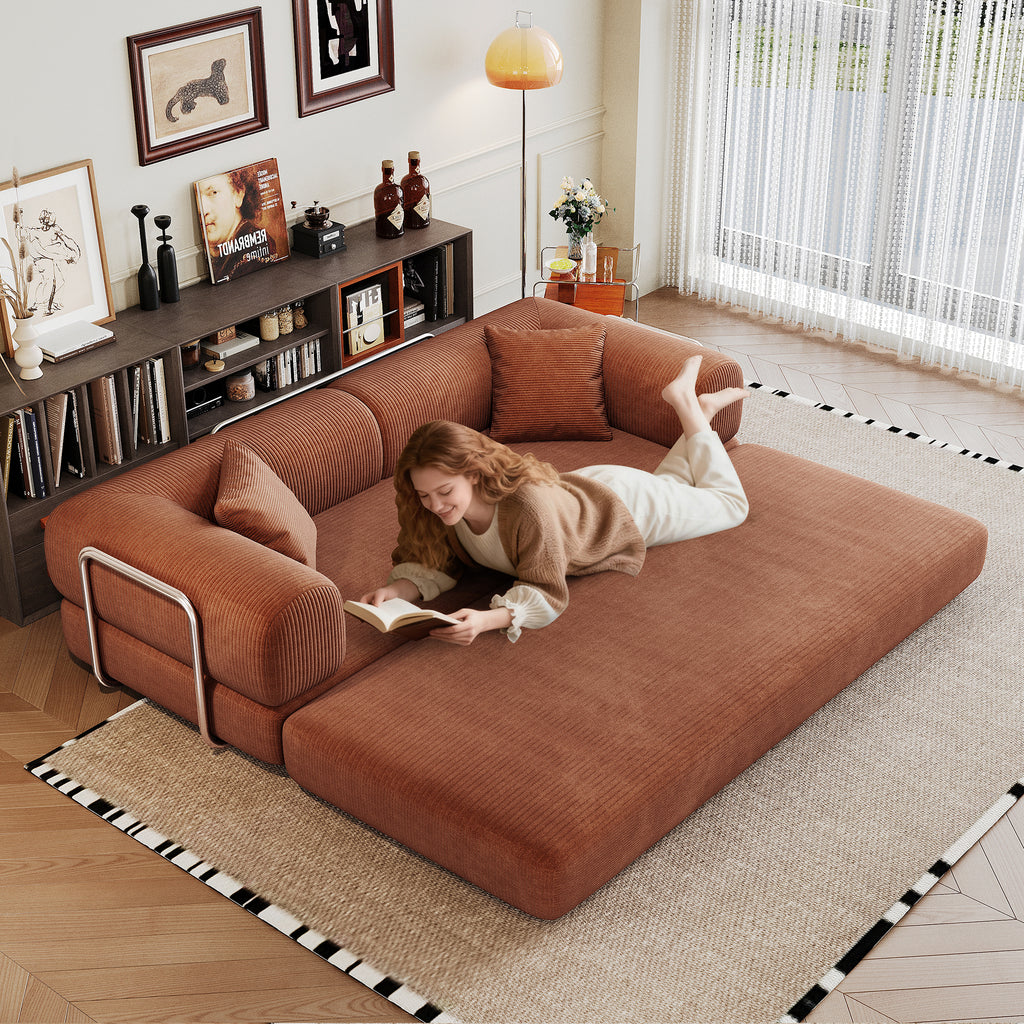 78.8' Compression Sofa,Convertible Floor Sofa Bed-with Pillow Back Support Armrest,Comfy Futon Couch Sleeper Bed,Loveseats Boneless Modular Sectional Sofa,Corduroy fabric,for Living Room,Bedroom,Brown - Grand Goldman Shop