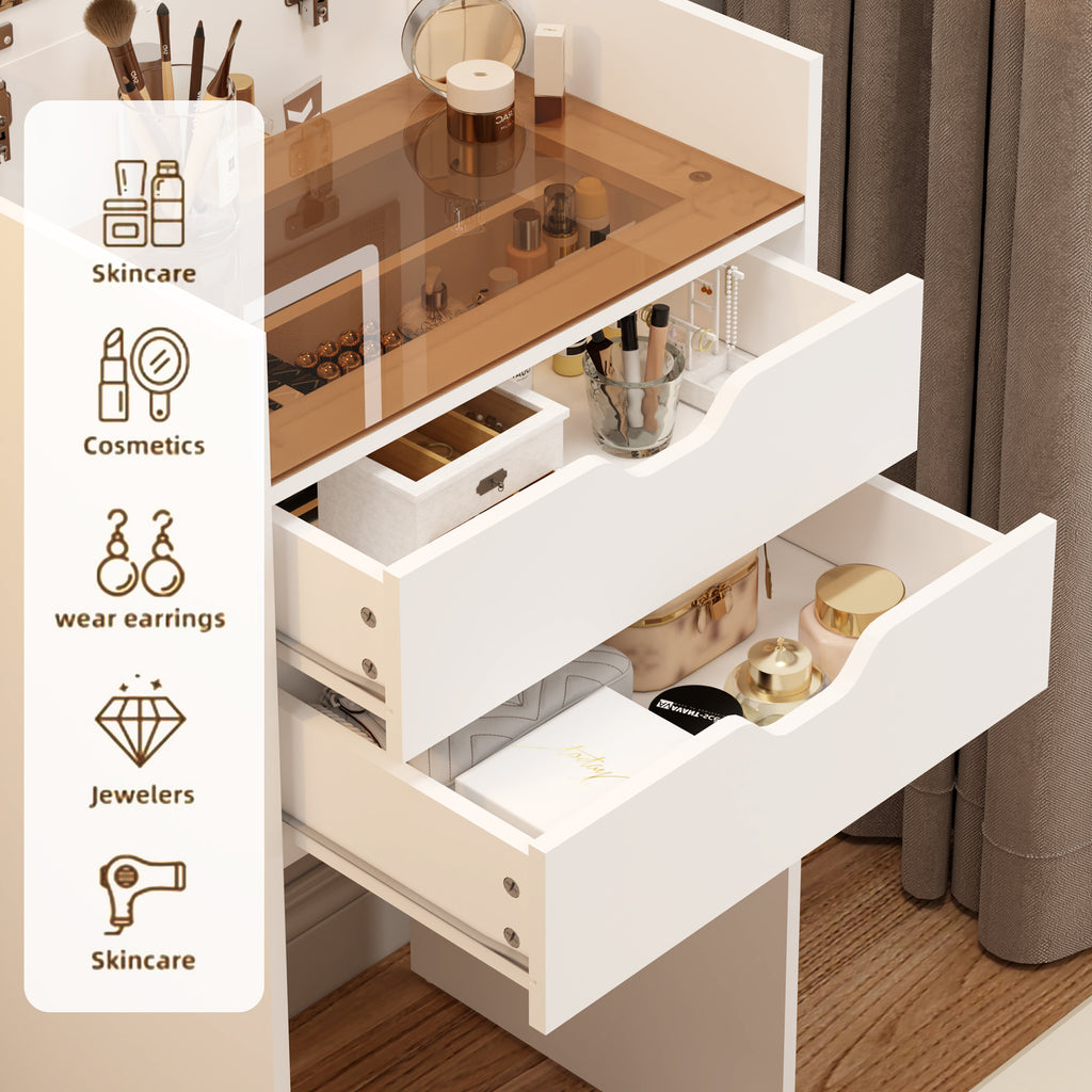 Dressing Table and Stool, 3-in-1 Multifunctional Dressing Table Set, Featuring Three-color Lighting Modes, HD Mirror, Two Sliding Drawers, and a Hidden Storage Stool - Grand Goldman Shop
