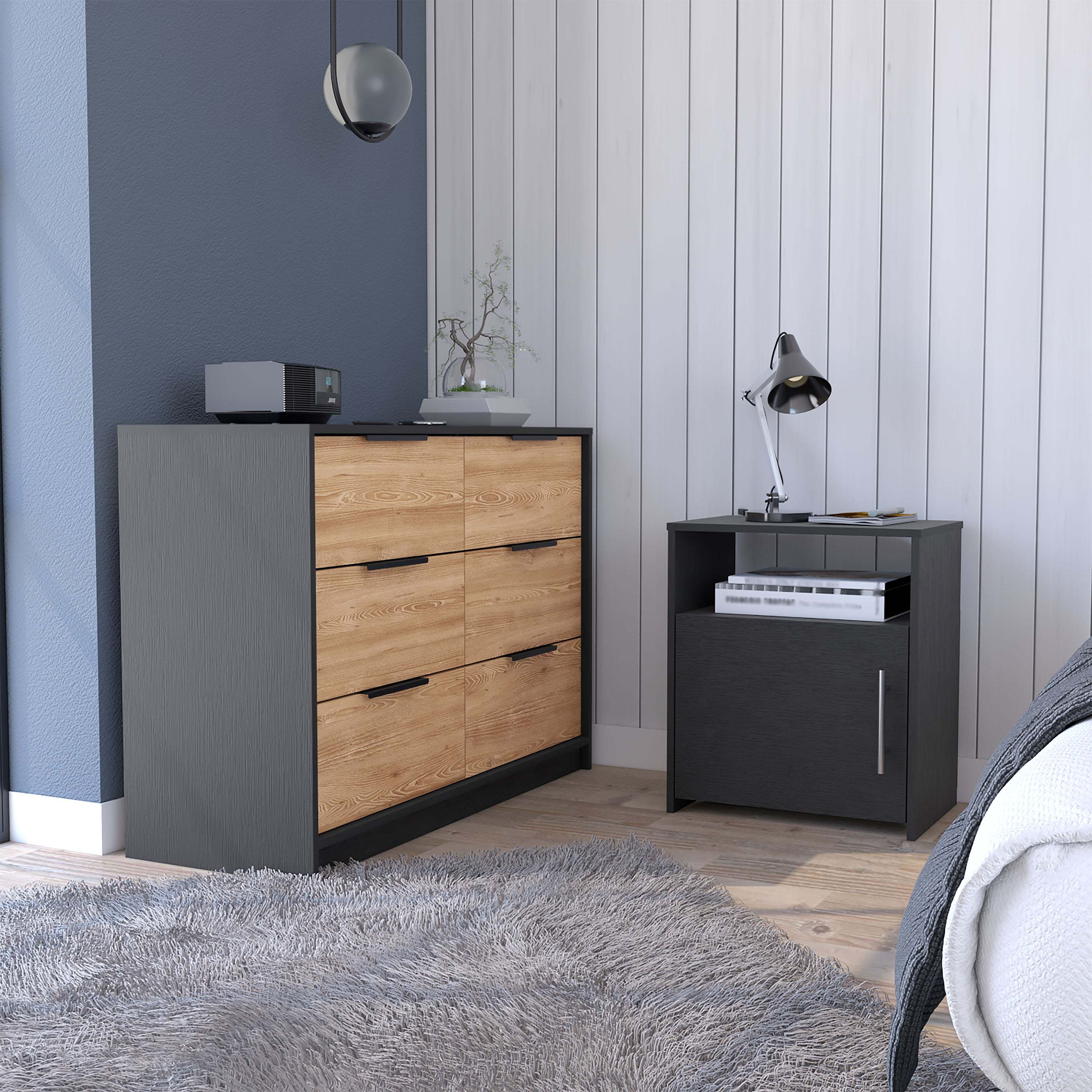 2 Piece Bedroom Set, Egeo 4 Drawer Dresser + Omaha Nightstand, Black / Pine - Grand Goldman Shop