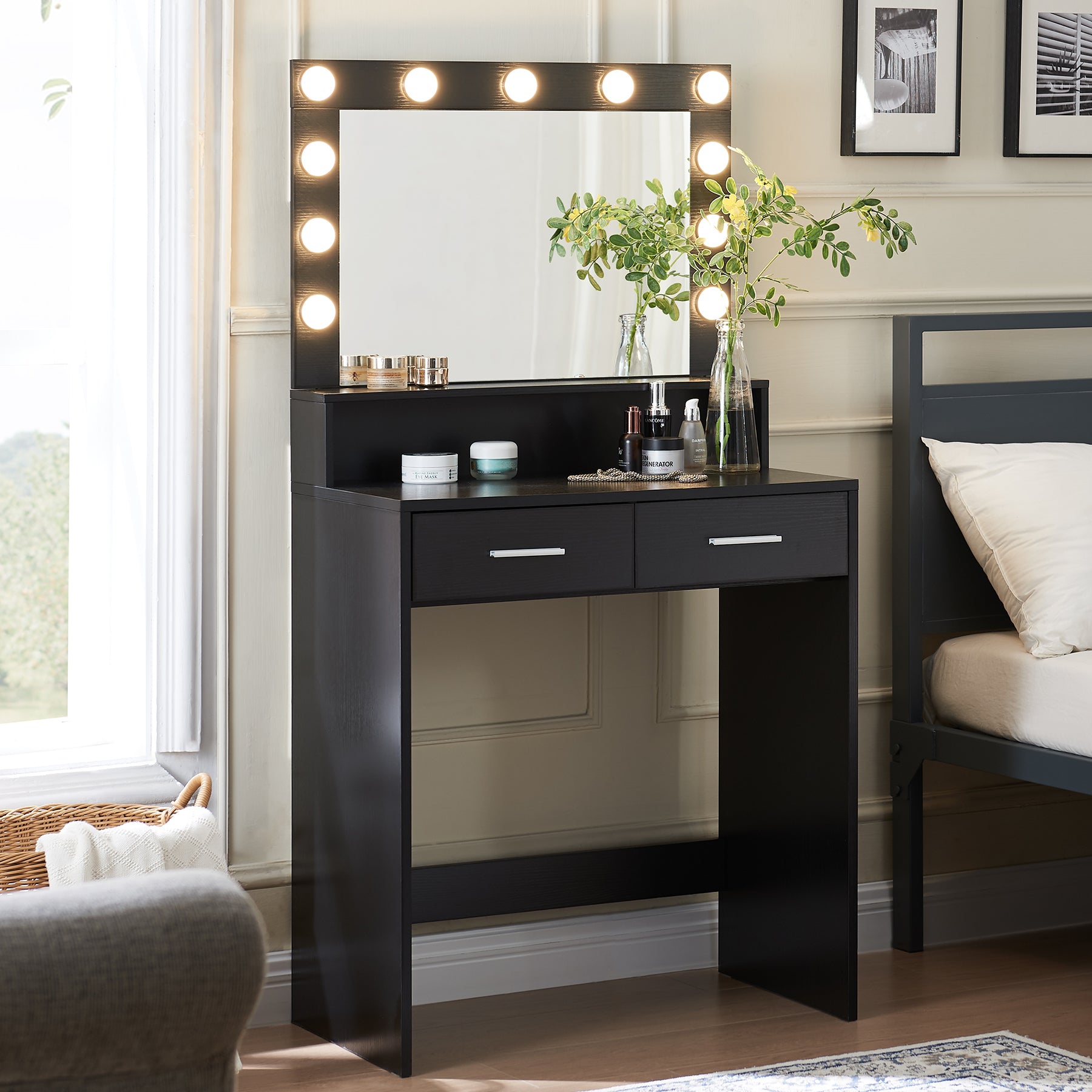 Vanity Desk with Mirror and Lights, Dressing Table with Large Drawer, 2 Level Storage Dresser & 3 Lighting Modes Adjustable Brightness, Suitable for Bedroom(Black) - Grand Goldman Shop