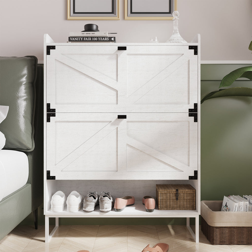Shoe Cabinet with 2 Flip Drawers,Shoe Storage Cabinet for Entryway,Freestanding Shoe Cabinet Organizer with Open Storage,Narrow Farmhouse Shoe Rack with Metal Corner Decoration Legs,White - Grand Goldman Shop