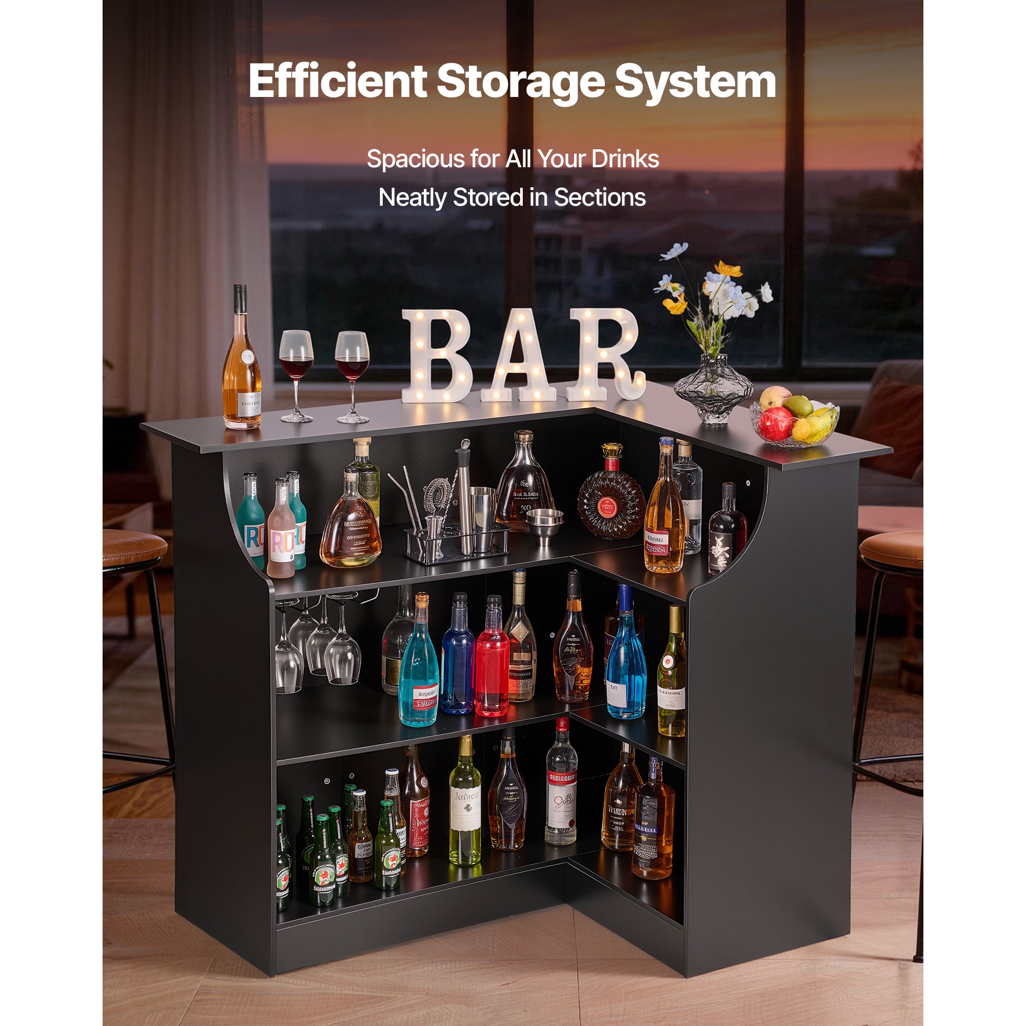 Home Bar Unit, L-Shaped Wine Bar Cabinet Table 4-Tier with Storage Shelves,  Wine Glass Holder, 300 lbs Max Capacity, Wood Liquor Cabinet for Home, Kitchen, Living Room, Pub, Basement, Black - Grand Goldman Shop