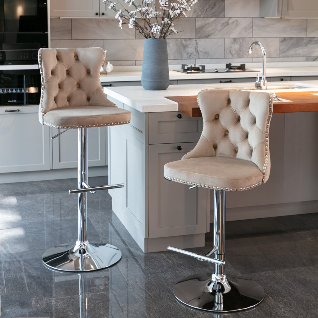 A&A Furniture,Swivel Velvet Barstools Adjusatble Seat Height from 25-33 Inch, Modern Upholstered Chrome base Bar Stools with Backs Comfortable Tufted for Home Pub and Kitchen Island（Khaki,Set of 2） - Grand Goldman Shop