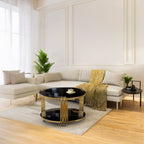 Modern Black Mirror Coffee Table, Asymmetrical Metal, Circular Metal Drum Base, Gold Finish & Lower Shelf - Grand Goldman Shop