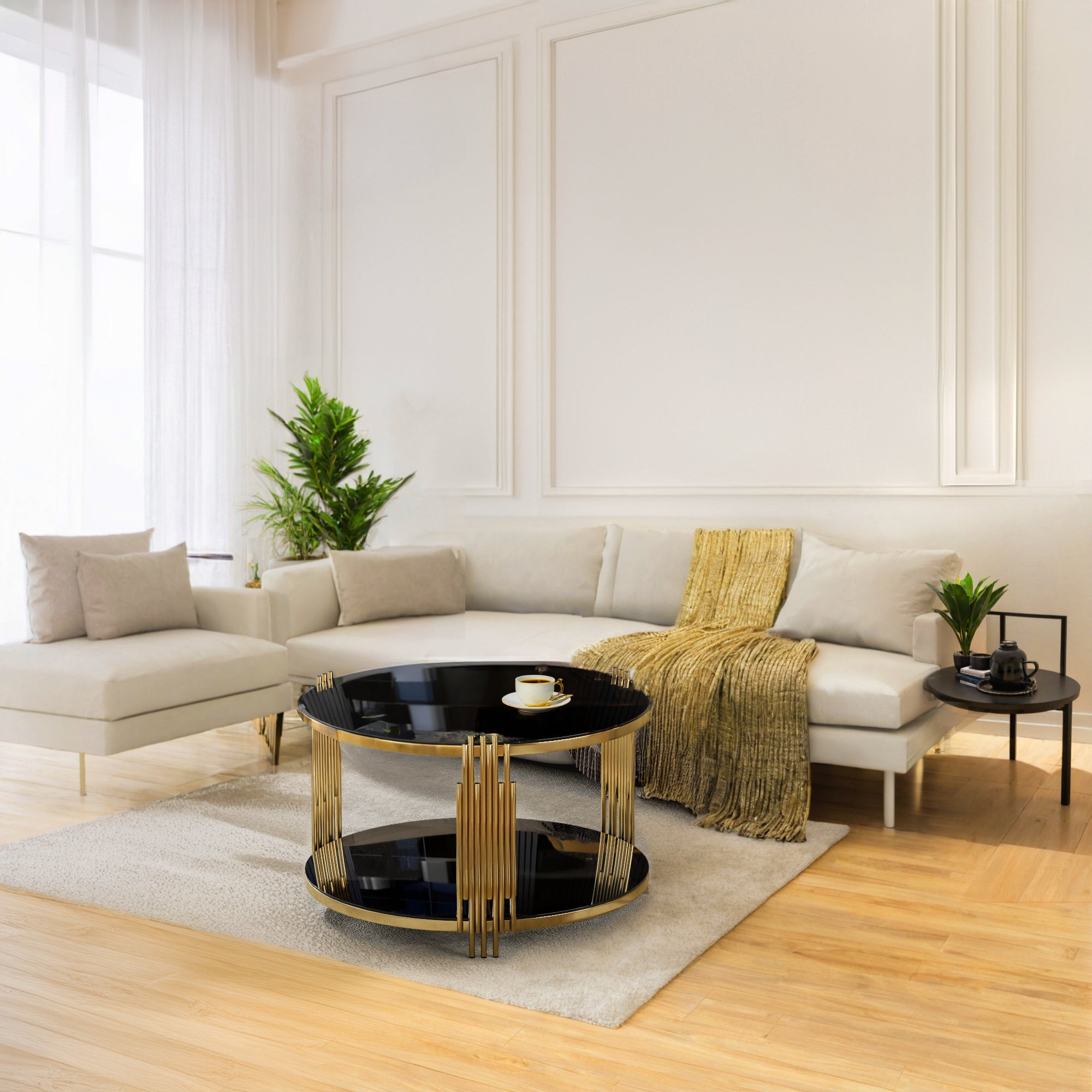 Modern Black Mirror Coffee Table, Asymmetrical Metal, Circular Metal Drum Base, Gold Finish & Lower Shelf - Grand Goldman Shop