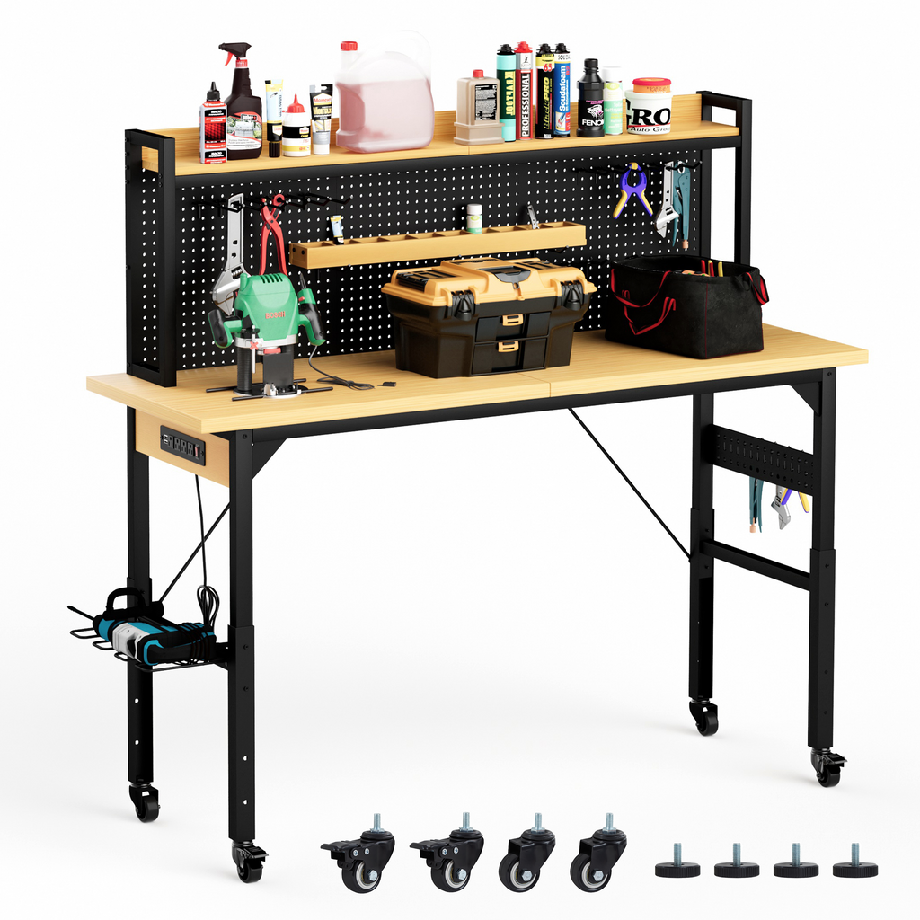 71''Adjustable Workbench with pegboard, Heavy Duty Wooden Desktop Workbench with Wheels, 1600 lb. Load Capacity, Rolling Work